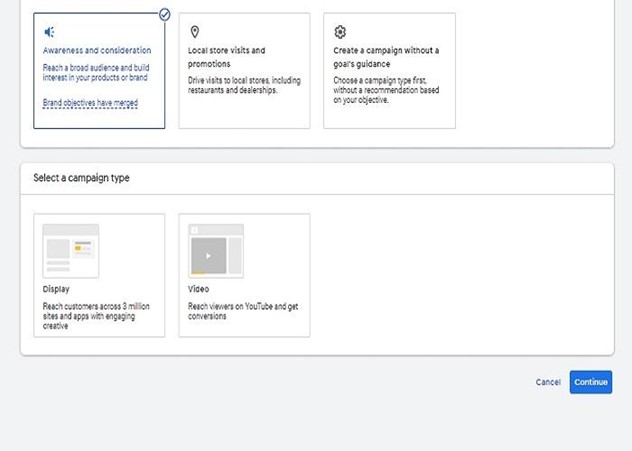 در این مرحله باید نوع کمپین که نمایش یا ویدئویی و … است را مشخص کنید.